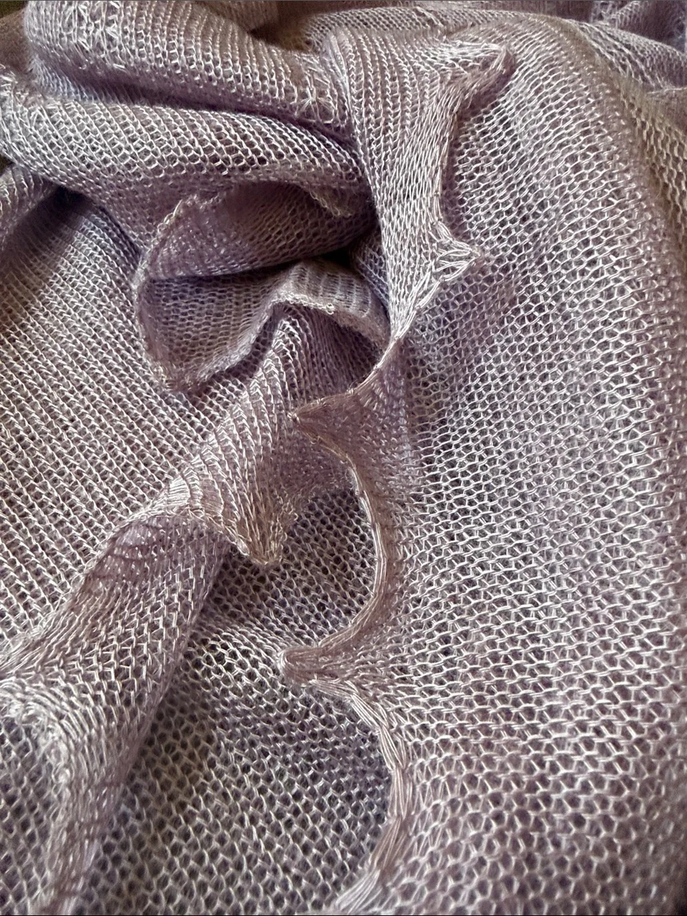 Vintage ca 1970’s Light Lavender mesh Knit Shawl Scarf 48x46” made in Japan
